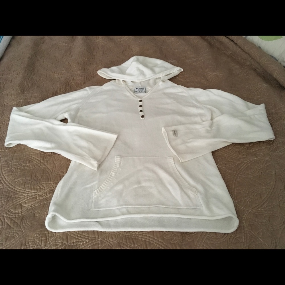 White Columbia Sweater with Brown buttons & Hood